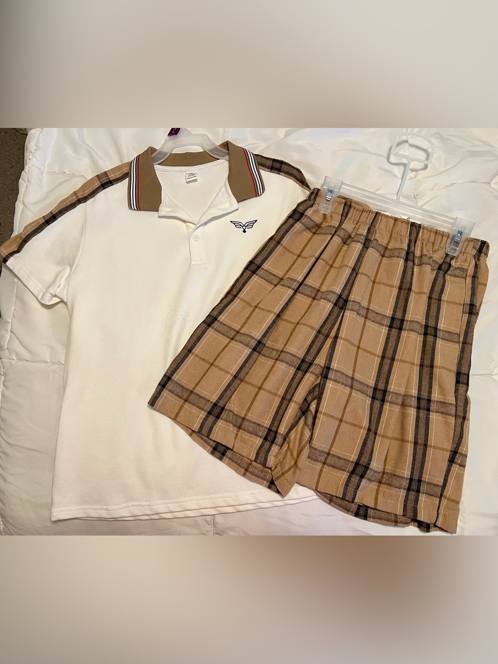 Casual Plaid Boys’Shorts in Camel Brown White Polo w/ Matching Trim 13-14 yrs